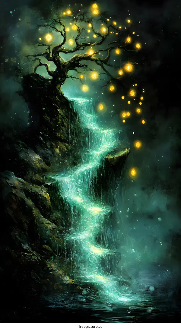 Fantasy Waterfall and Tree with Glowing Lights
