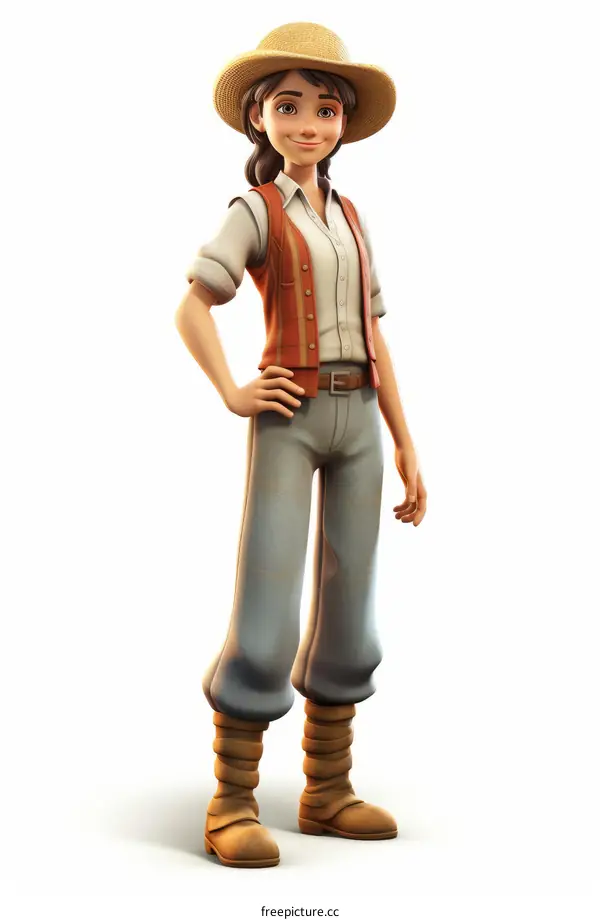 A young girl wearing a brown vest and a straw hat