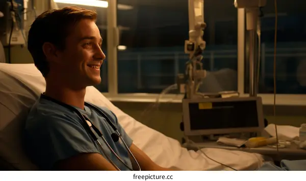 Young male doctor smiling in hospital bed