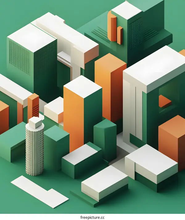 Abstract Geometric Cityscape Illustration with Green, Orange, and White Colors