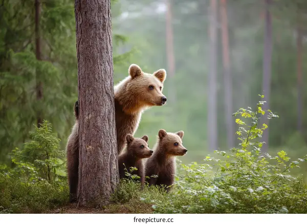 Brown Bears Family in Forest