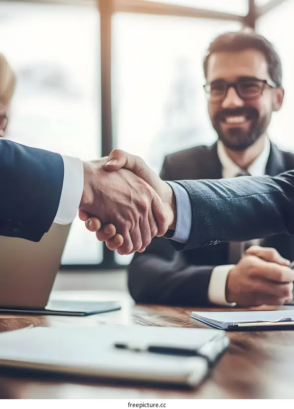 Business Deal Handshake: Two Businessmen Shaking Hands Agreement Concept