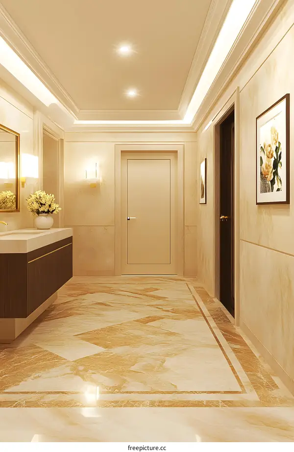 Modern Interior Design of a Hallway with Marble Floor and Beige Walls