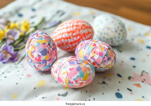 Colorful Paper Wrapped Easter Eggs on a Tablecloth