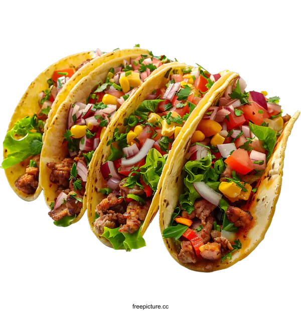 [Transparent Background PNG]Four delicious tacos with ground beef, fresh vegetables and herbs on a white background