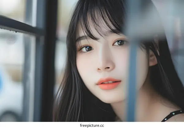 Beautiful Asian Girl Looking Through Window