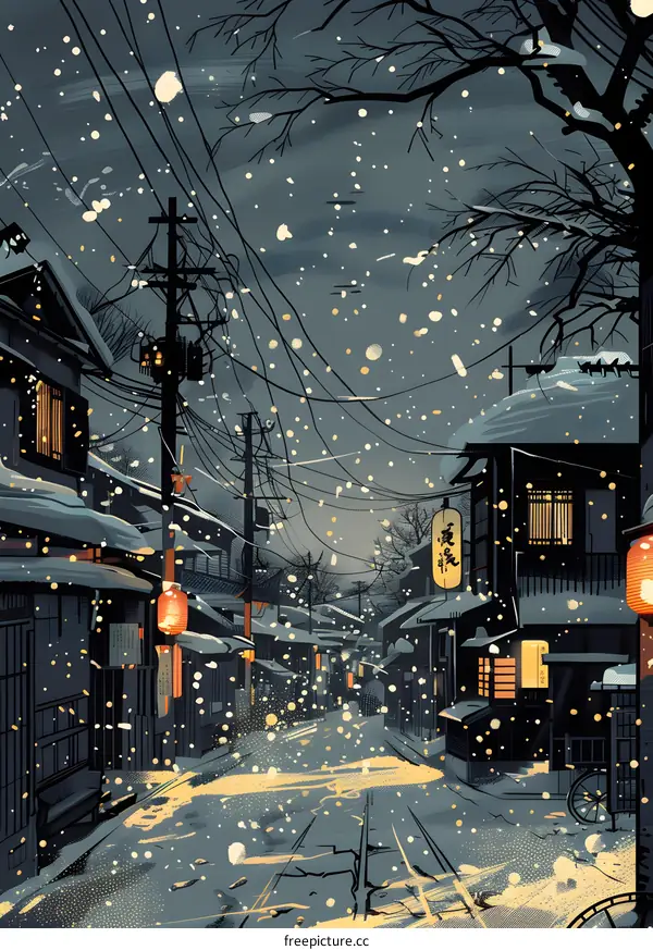 Snowy Night in a Japanese Street
