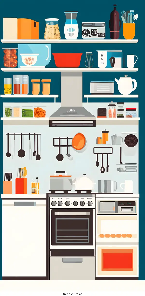 Kitchen Interior Illustration With Oven, Stove And Cabinets