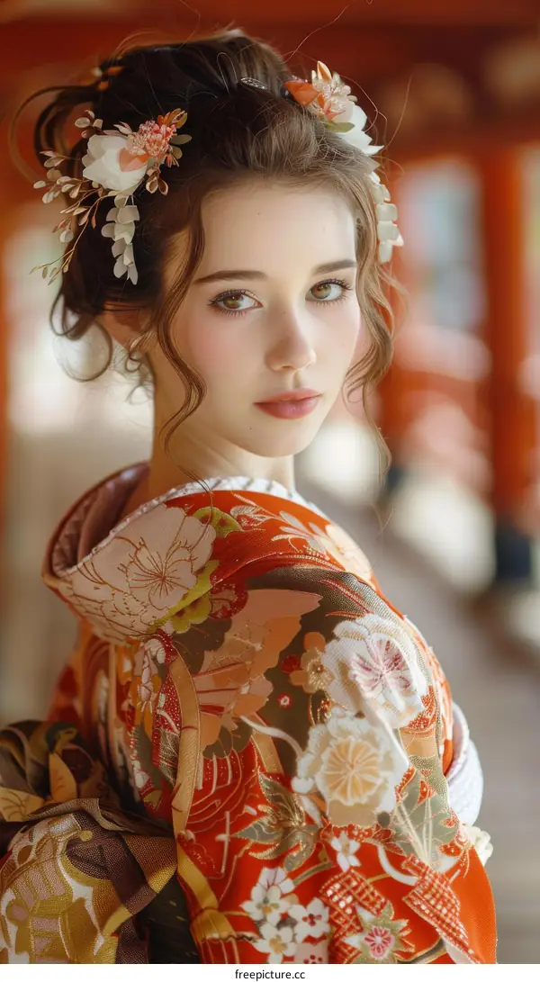 Portrait of a beautiful young woman in a kimono with flowers in her hair
