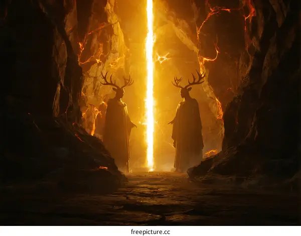 Mysterious Figures with Deer Antlers in Luminous Cave Passage