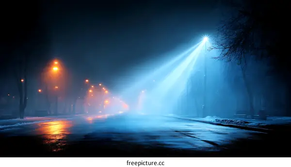 Foggy Night Street Scene with Streetlights