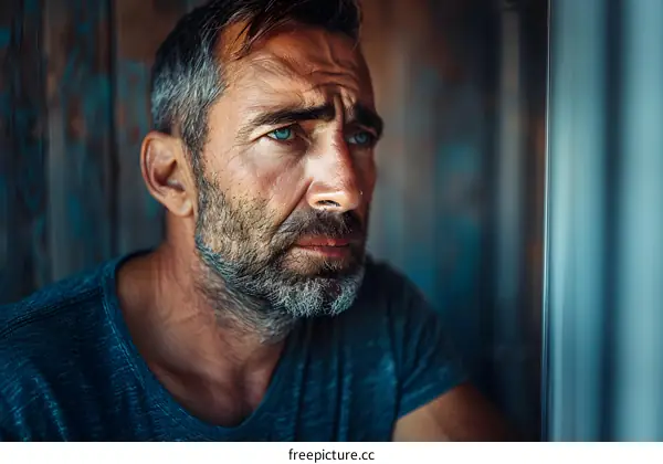 Portrait of a man with a beard looking out the window