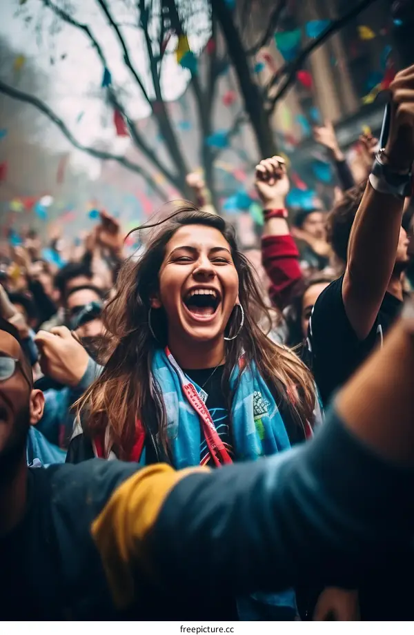 Ecstatic young woman celebrating with crowd