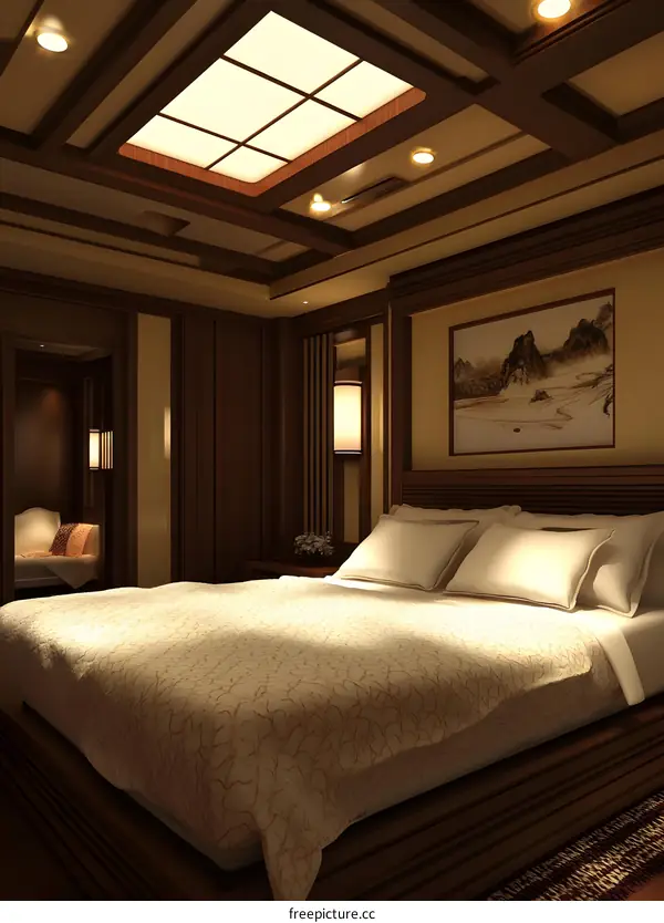 Modern Bedroom Interior Design with Wooden Ceiling and Asian Inspired Artwork