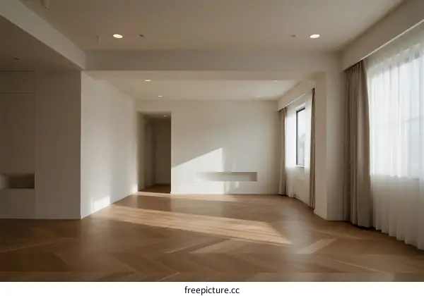 Bright and empty modern room with wooden flooring and large windows