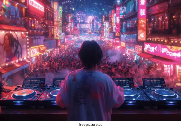 A DJ is mixing music at a crowded street party.