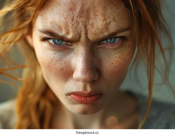 Close-up Portrait of a Woman with Freckles and Intense Expression