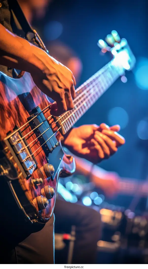 A musician playing the bass guitar on stage