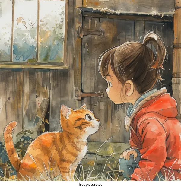 Little girl and a cat staring at each other