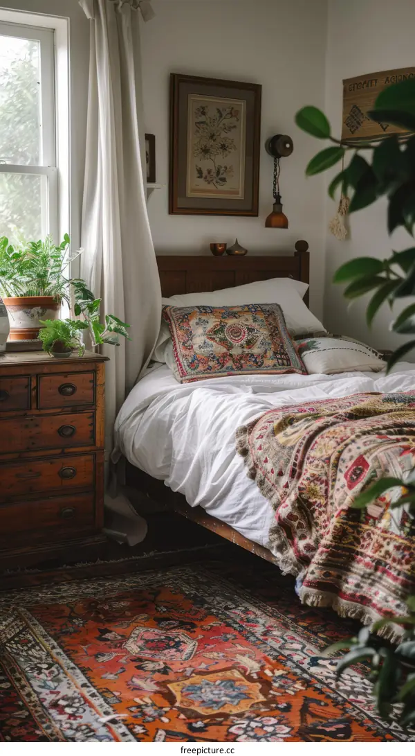 Cozy bedroom with a mix of vintage and modern decor