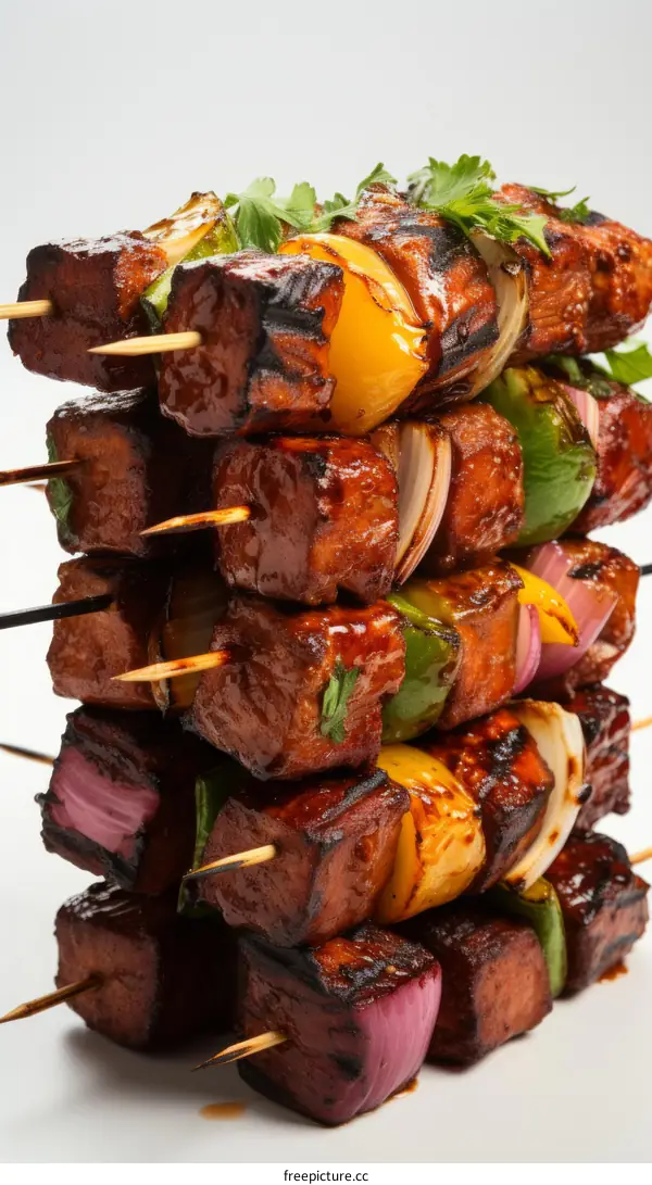 Various vegetables and tofu stacked on bamboo skewers