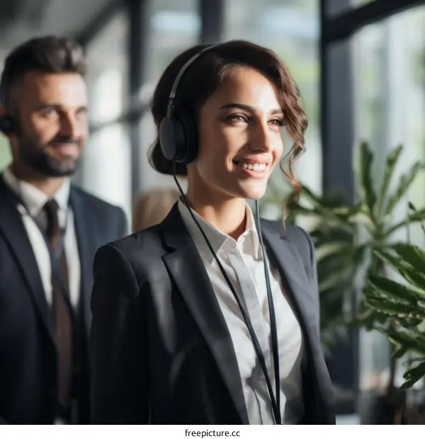 A businesswoman wearing headphones smiles while standing in an office near a coworker