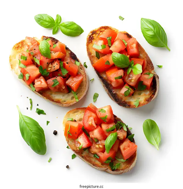 Top view of bruschetta with tomatoes and basil