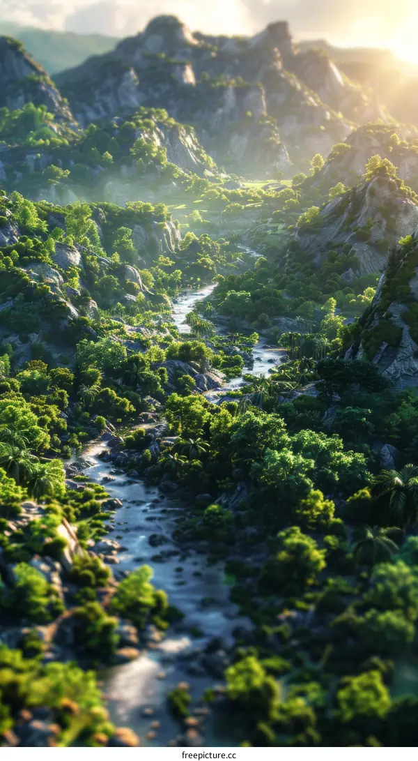 Sunlight Bathes a Serene Valley with a Flowing River