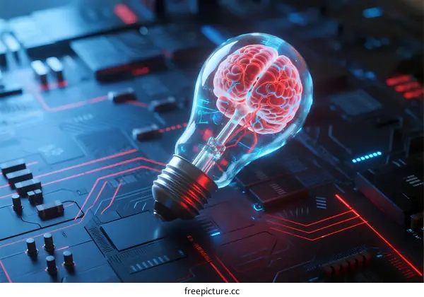 Light Bulb with Human Brain Inside on Circuit Board