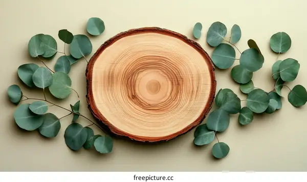 Wooden Slice with Eucalyptus Leaves Flat Lay