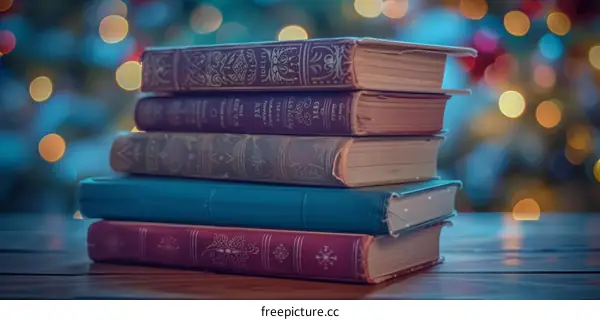 Stack of Ancient Books with Blurred Background Lights