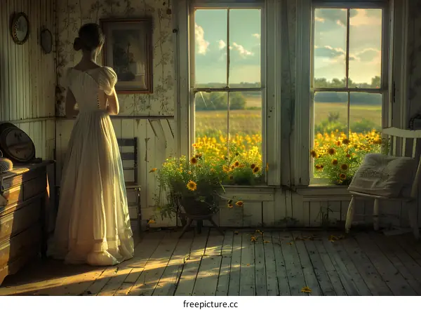 A woman standing in a room with a large window looking out at a field of sunflowers