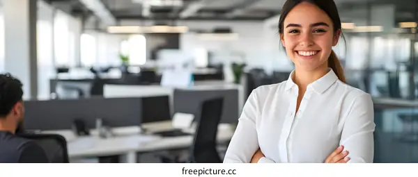 Smiling Woman Standing in Office with Arms Crossed