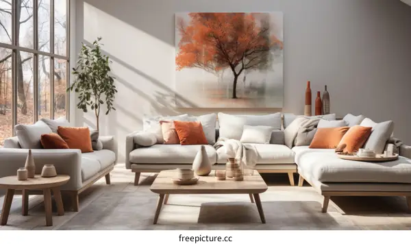 A modern living room with a large sectional sofa, coffee table, rug, and painting of a tree