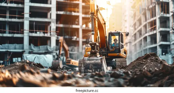 An excavator is working on a construction site