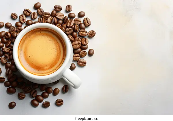 White cup of coffee on white background with scattered coffee beans