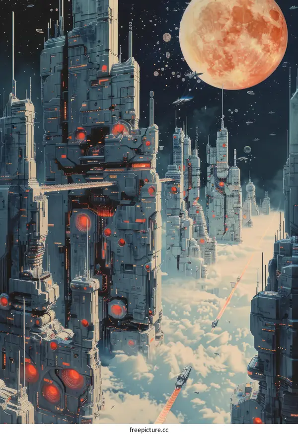 futuristic cityscape illustration with a red moon