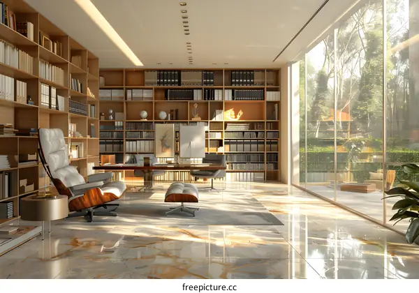 Modern home office interior design with large windows and marble floor