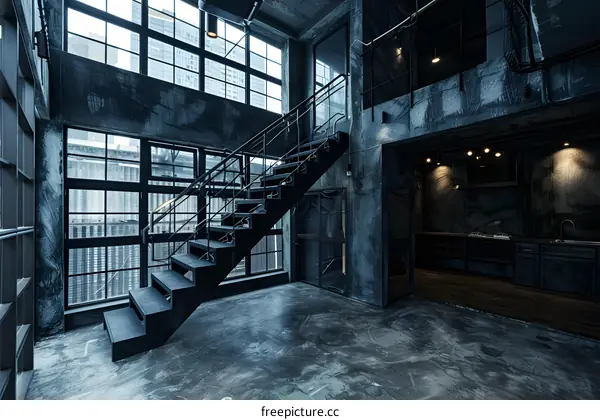 Modern Industrial Interior Design with Black Metal Staircase and Large Windows