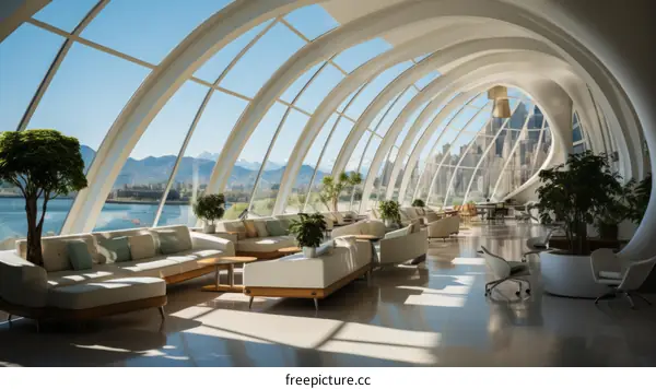 Modern interior space with large windows overlooking a city and mountains