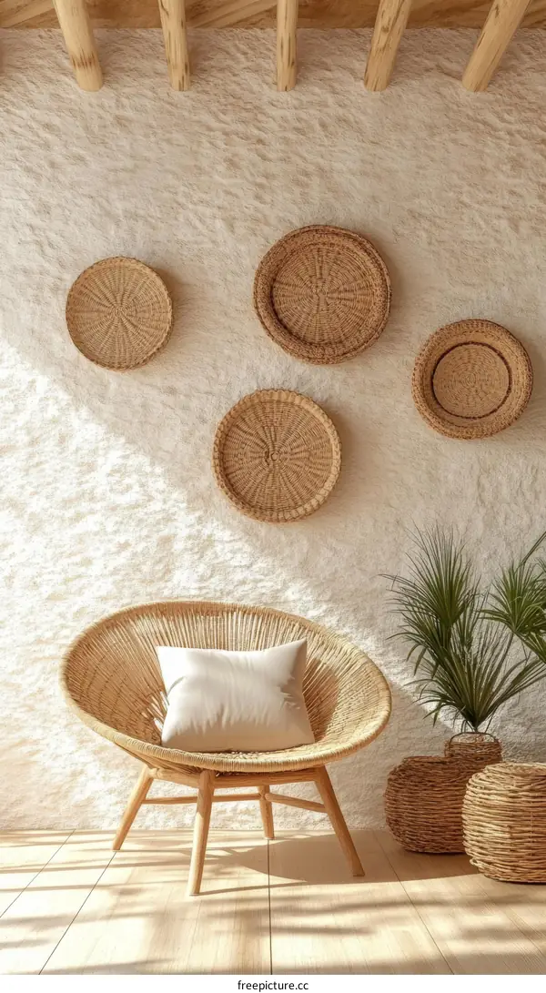 Bohemian Style Woven Chair with Decorative Baskets