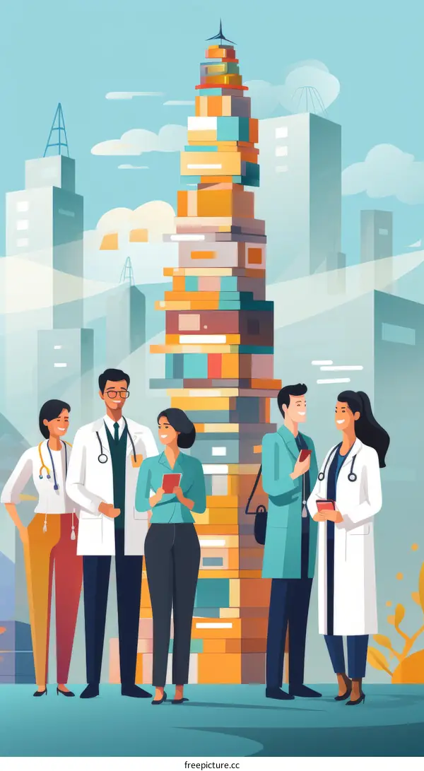 Doctors and a businesswoman discussing about a new medical discovery