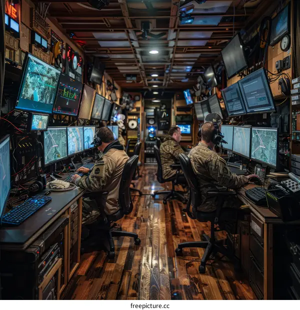 Military personnel using computers and technology in a mobile command center