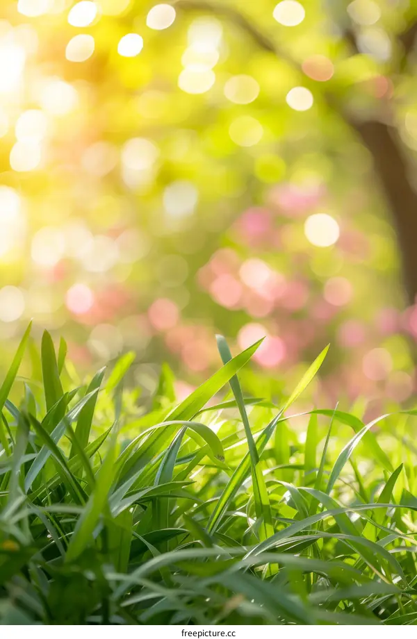 Close-up of green grass with blurred pink flowers and sunlight in the background