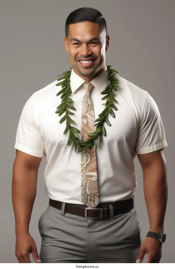 Polynesian man wearing hawaiian lei