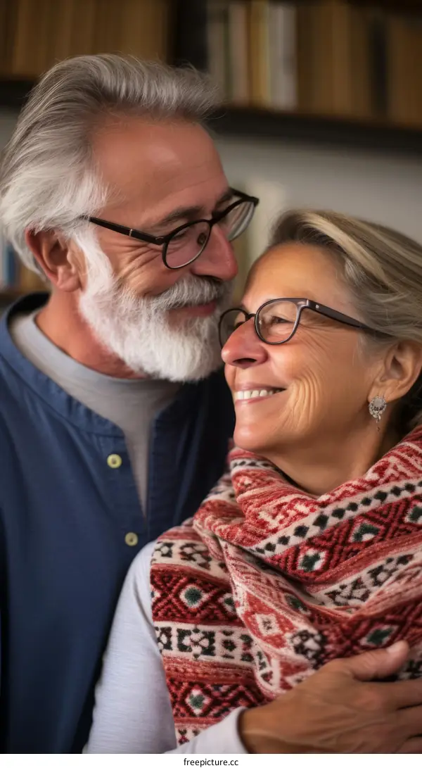 An elderly couple is hugging and smiling at each other.