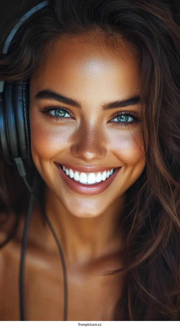 Beautiful Woman Wearing Headphones  Close Up Portrait