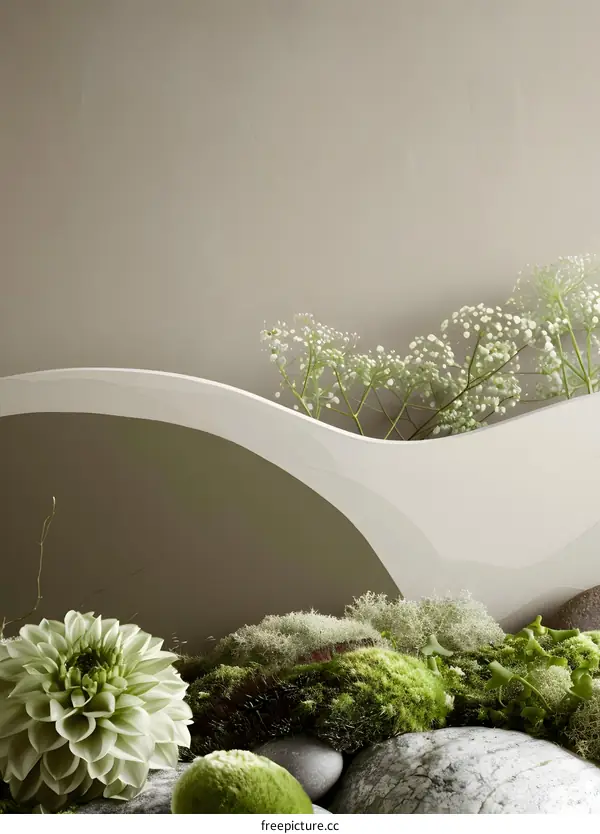 Minimalist Abstract Background with Green Plants and Stones