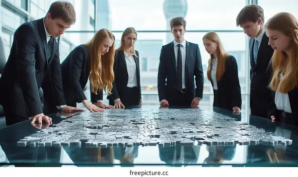 A group of business professionals work together to solve a puzzle.