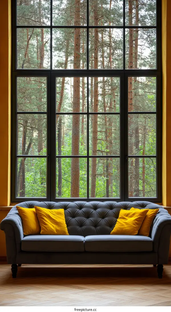 Gray Sofa by Large Window with Forest View